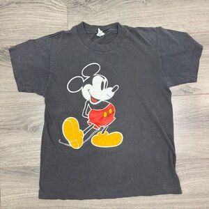 Vtg Disney Mickey Mouse T‑Shirt Adult S Black Made‎ in USA Off‑Center Print 90s